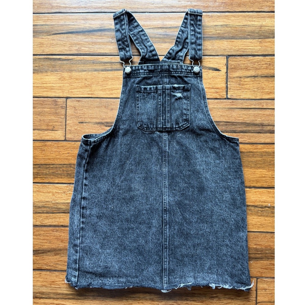 Wild Fable Black Acid Wash Denim Overall Pinafore Dress Raw Hem Womens Size M